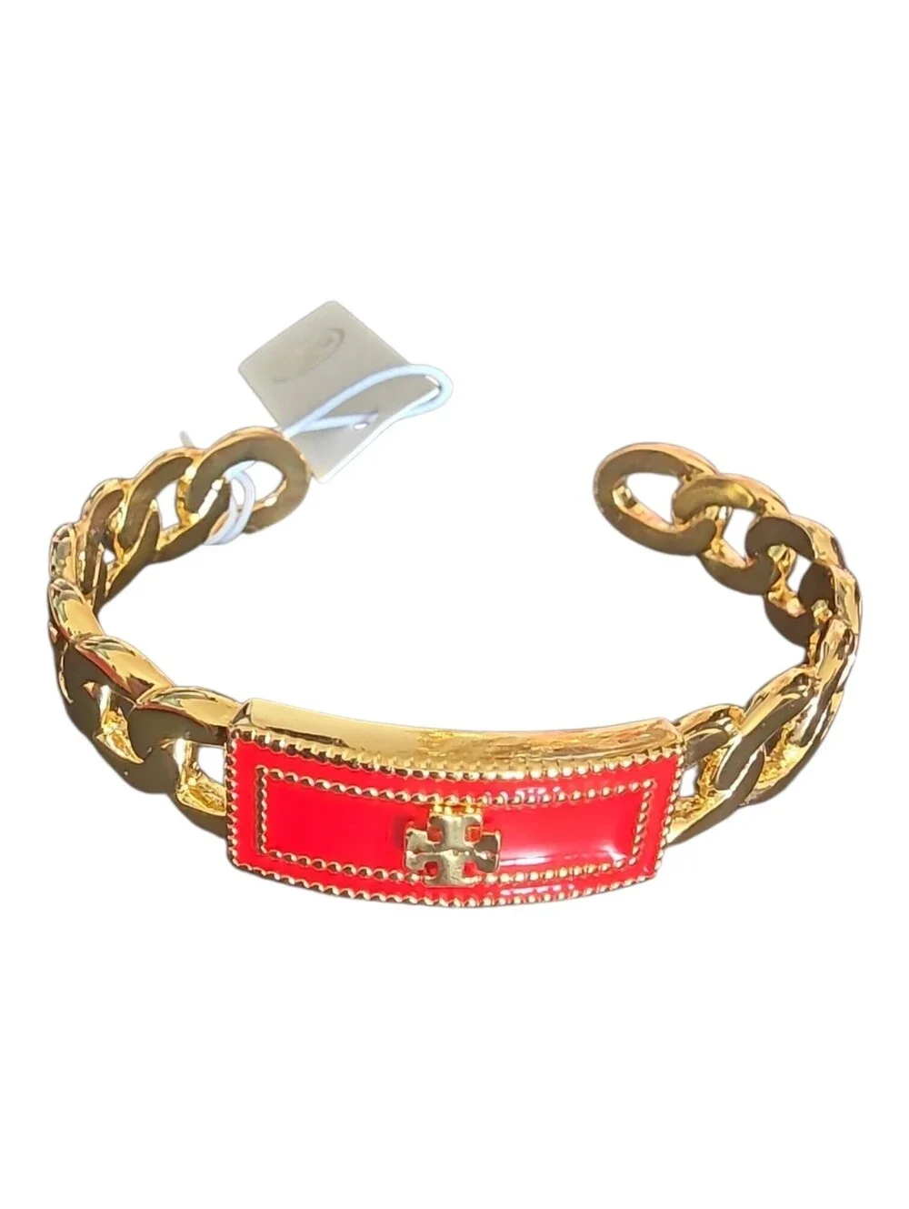NWT Auth. Tory Burch Milgrain Logo Red & Gold Chain Link Cuff Bangle with Tag